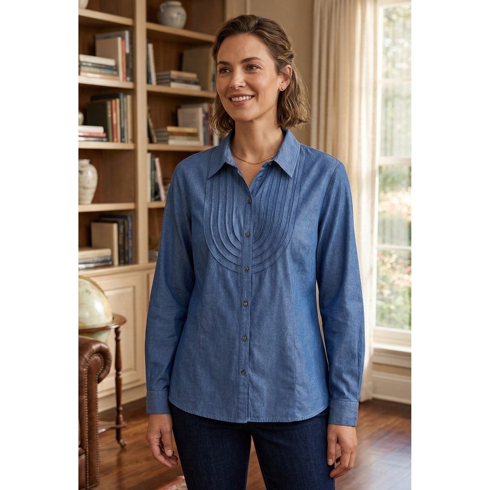 Van Heusen Originals Button Down Long Sleeve Shirt Pleated Front Womens XXL Blue